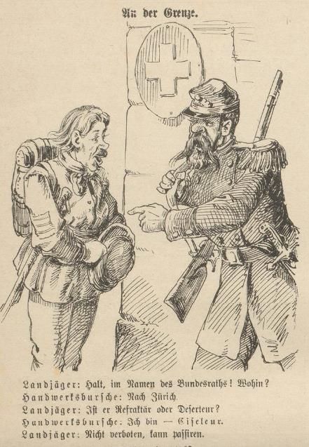 Karikaturen verweisen im 19. Jahrhundert auf die deutschfeindliche Stimmung in der Schweiz (Nebelspalter 1878).